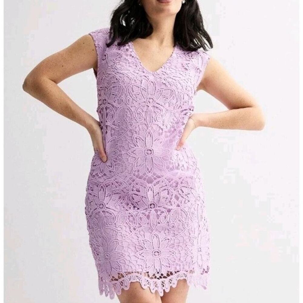 London Times Lilac Lace Short Shift Dress Lavender 14 Extended Shoulder V-Neck